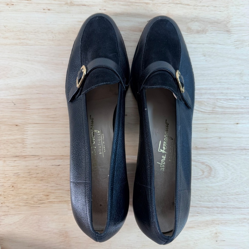 Salvatore Ferragamo Loafers Women's Black Leather Slip On Block Heel Buckle - 10 - Picture 10 of 12